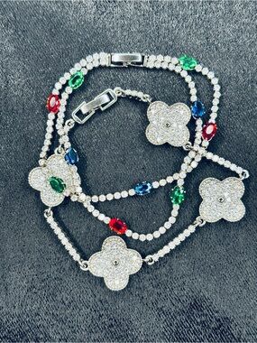 Pretty Bird Clover & Double Tennis CZ Bracelets 8in